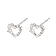 925 Sterling Silver Micro Pave Clear Cubic Zirconia Earrings, Heart, Real Platinum Plated, 7x7.5mm(EJEW-U013-01P)