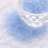 Transparent Glass Cylinder Beads, Seed Beads, Round Hole, Cornflower Blue, 1.5~2x1~2mm, Hole: 0.8mm, about 8000pcs/bag, about 1pound/bag(SEED-S047-I-004)
