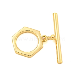 Brass Toggle Clasps, Hexagon, Real 18K Gold Plated, Ring: 14x13x1.8mm, Hole: 1.4mm, Bar: 22x3.5x1.5mm, Hole: 1mm(KK-A223-06G)