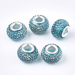 Resin Rhinestone European Beads, Large Hole Beads, with Platinum Tone Brass Double Cores, AB Color, Rondelle, Berry Beads, Dark Cyan, 14x10mm, Hole: 5mm(RPDL-T002-04A)