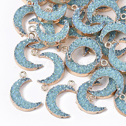 Druzy Resin Pendants, with Edge Light Gold Plated Iron Loops, AB Color Plated, Moon, Sky Blue, 23~24x15.5x5mm, Hole: 1.8mm(RESI-S383-009-A02)