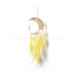Natural Yellow Aventurine Chips Beaded Tree of Life Moon with Feather Pendant Decorations, with Iron Findings, for Garden Home Ornament, Yellow, 650mm(HJEW-M004-16)