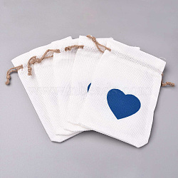 Burlap Packing Pouches Drawstring Bags, with Heart Pattern, Light Steel Blue, 14x10cm(ABAG-Q052-02C)