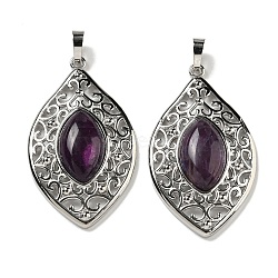 Natural Amethyst Pendants, Rack Plating Brass Hollow Horse Eye Charms, Cadmium Free & Lead Free, Platinum, 48x28.5x8.5mm, Hole: 7.5x5mm(G-Q158-02E)