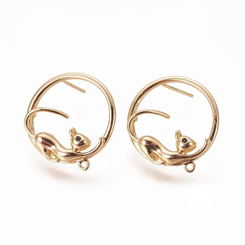 Brass Ear Stud Components, with Cubic Zirconia and Loop, Mouse, Real 18K Gold Plated, 21x20x13mm, Hole: 1mm, Pin: 0.9mm