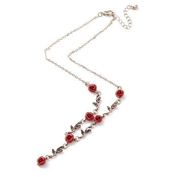 Aluminium Flower Pendant Necklaces with Rhinestone Leaf, Alloy Cable Chain Necklaces for Women, Red Copper, 15.75 inch(40cm)
