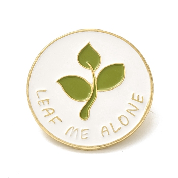Alloy Enamel Brooches, Enamel Pin, Flat Round with Leaf & Leaf Me Alone Pattern, White, 30x10mm