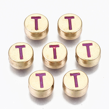 Alloy Enamel Beads, Cadmium Free & Lead Free, Flat Round with Initial Letters, Light Gold, Orchid, Letter.T, 8x4mm, Hole: 1.5mm