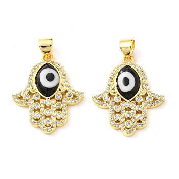 Brass Cubic Zirconia Pendants, with Lampwork, Real 18K Gold Plated, Hamsa Charm, Black, 24x20.5x4mm, Hole: 5x3.5mm