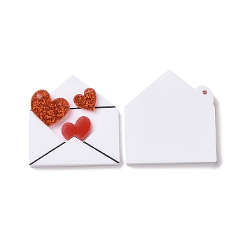 Acrylic Pendants, Valentine's Day Theme Charms, Envelope Pattern, White, 34.5x32.5x4mm, Hole: 1.5mm