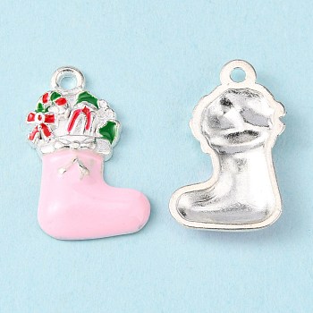 Alloy Enamel Pendants, Cadmium Free & Lead Free, Christmas Stockings for Holiday Jewelry Making, Silver Color Plated, Pink, 23x14x2.5mm, Hole: 2mm