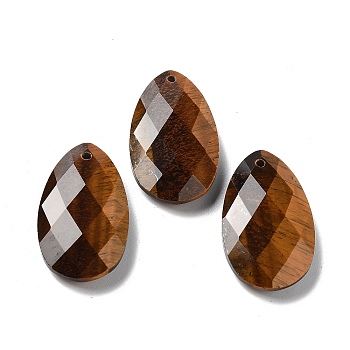 Natural Tiger Eye Pendants, Faceted Teardrop Charms, 30x18x6mm, Hole: 1.5mm
