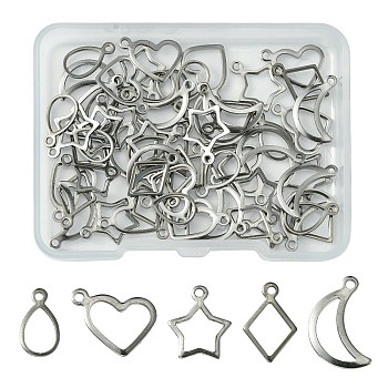 60Pcs 5 Styles 304 Stainless Steel Open Pendants, Mixed Shapes, Stainless Steel Color, 10~15x9~14x0.8mm, Hole: 1~1.4mm, 12pcs/style