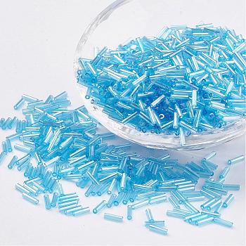 Glass Bugle Beads, Transparent Colours Rainbow, Cyan, 5x2mm, Hole: 0.5mm, about 16000pcs/bag