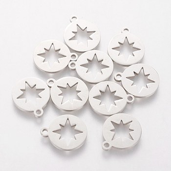 201 Stainless Steel Charms, Flat Round with Hollow Star, Stainless Steel Color, 14x12x1.2mm, Hole: 1.5mm