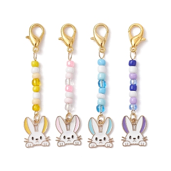 4Pcs 4 Colors Rabbit Head Alloy Enamel Pendant Decorations, with Glass Seed Beads, Mixed Color, 67mm, 1pc/color, 4pcs/set