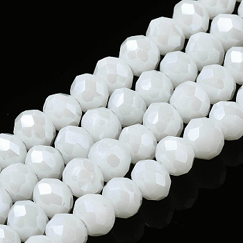 Electroplate Glass Beads Strands, Pearl Luster Plated, Faceted, Rondelle, White, 6x5mm, Hole: 1mm, about 84~85pcs/strand, 41.5~42cm