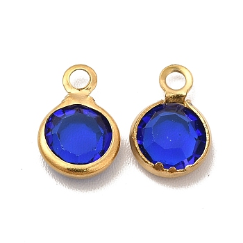 Ion Plating(IP) 304 Stainless Steel with Glass Charms, Real 18K Gold Plated, Faceted Flat Round, Blue, 9.5x6.5x2mm, Hole: 1.5mm