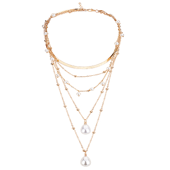 1Pc Alloy Multi Layered Necklaces, Plastic Teardrop Pendant Necklaces for Women, Golden, 13.58 inch(34.5cm)