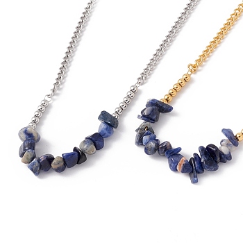 Natural Sodalite Chips Pendant Necklace, 304 Stainless Steel Jewelry for Women, 17.72~17.91 inch(45~45.5cm)