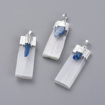 Natural Calcite Big Pendants, with Natural Kyanite and Brass Findings, Rectangle, Silver, 50~75x15~20x8~11mm, Hole: 7.5x5mm