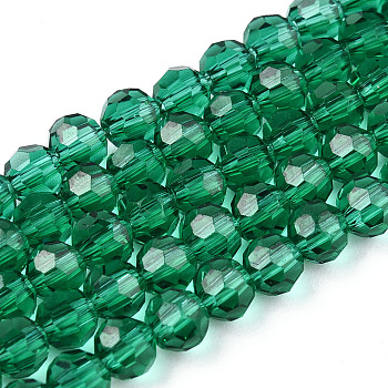 Transparent Glass Beads Strands, Faceted(32 Facets), Round, Green, 4mm, Hole: 0.7mm, about 94~96pcs/strand, 14.17~14.37 inch(36~36.5cm)