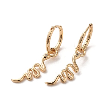 Brass Micro Pave Cubic Zirconia Dangle Hoop Earrings, Snake, Light Gold, 23.5x12mm