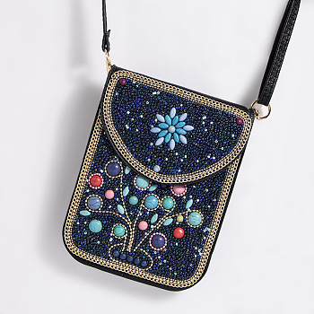 PU Leather Women's Crossbody Bags, Beaded Pattern Bohemian Style Phone Bag, with Magnetic Clasp, Tree, 180x135mm
