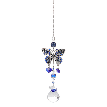 Glass Sphere Prism Suncatchers, Evil Eye Butterfly Pendant Decorations, with Alloy Finding, Iron Chain, Blue, 378mm