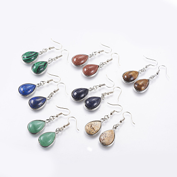 Natural & Synthetic Mixed Stone Dangle Earrings, with Brass Earring Hooks, teardrop, Platinum, 48mm, Pin: 0.5mm