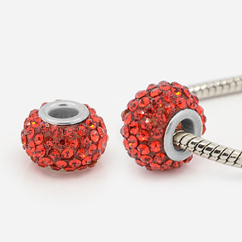 Resin Rhinestone European Beads, Large Hole Beads, Rondelle, Platinum Metal Color, Light Siam, 15x10mm, Hole: 5mm