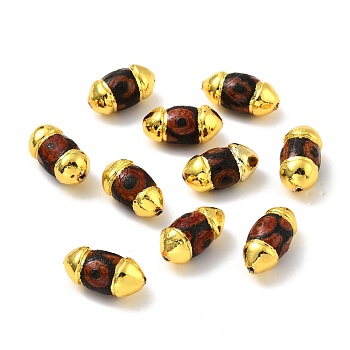 Tibetan Style dZi Beads, Natural Agate Beads, with Golden Tone Brass Findings, Lead Free & Cadmium Free, Bicone, 1-Eye, 18.5~20x10mm, Hole: 1.2mm