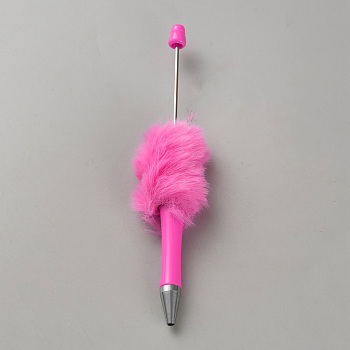 Plastic Ball-Point Pen, Plush Pompom Ball Beadable Pens, for DIY Personalized Pen with Jewelry Beads, Deep Pink, 144x35mm