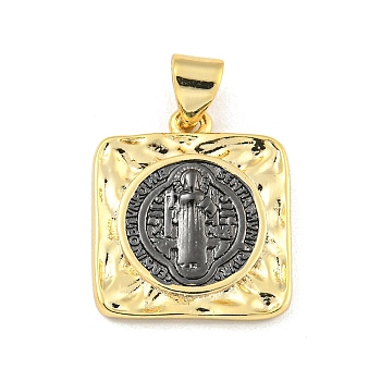 Rack Plating Brass Pendants, Cadmium Free & Lead Free, Real 18K Gold Plated, Long-Lasting Plated, Square with Saint Benedict San Benito Coin Charm, Gunmetal & Golden, 17.5x15x2mm, Hole: 3.2x4mm