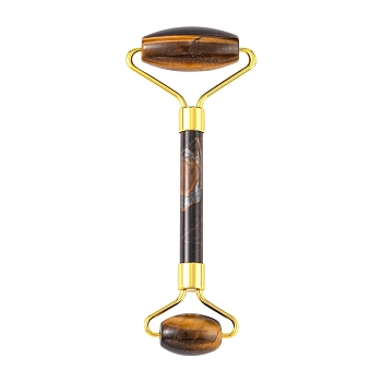 Natural Tiger Eye Face Massager, Facial Rollers, with Long-Lasting Plated Alloy Findings, Golden, 149~151x57~60x19~20mm