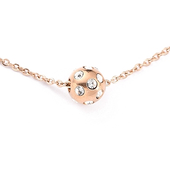 304 Stainless Steel Pendant Necklaces, with Crystal Rhinestone, Round, Rose Gold, Pendant: 9x10mm, 17.7 inch(45cm)