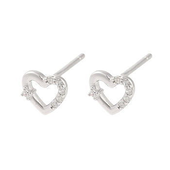 925 Sterling Silver Micro Pave Clear Cubic Zirconia Earrings, Heart, Real Platinum Plated, 7x7.5mm