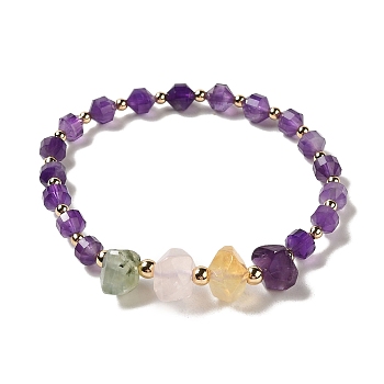 Faceted Natural Amethyst Stretch Beaded Bracelets, Nuggets Natural Citrine & Amethyst & Rose Quartz & Rutilated Quartz Bracelets for Women Men, Real 14K Gold Plated, Inner Diameter: 2-1/4 inch(5.55cm)