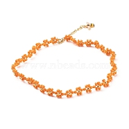 Glass Seed Beaded Flower Necklace with Alloy Enamel Bee Charm, Braided Jewelry for Women, Golden, Dark Orange, 12.60 inch(32cm)(NJEW-JN03817-04)
