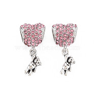 Rack Plating Alloy European Beads, with Rhinestone, Large Hole Beads, Cadmium Free & Nickel Free & Lead Free, Heart with Bear, Platinum, Rose, 24.5x11.5x8mm, Hole: 5mm(MPDL-N039-109B)