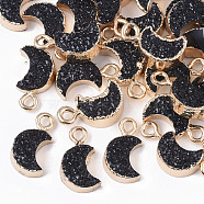 Druzy Resin Pendants, with Edge Light Gold Plated Iron Loops, Moon, Black, 14~15x8x4mm, Hole: 1.8mm(X-RESI-S383-007-A01)