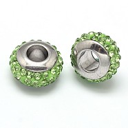 Rondelle 304 Stainless Steel Polymer Clay Rhinestone European Beads, with Double Side Platinum Color Core, Stainless Steel Color, Peridot, 10x6mm, Hole: 4mm(GPDL-P003-05)