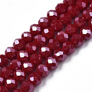 Electroplate Glass Beads Strands, Pearl Luster Plated, Faceted, Rondelle, Dark Red, 10x8mm, Hole: 1mm, about 65~66pcs/strand, 20.8~21.2 inch(53~54cm)(EGLA-A034-P10mm-A13)