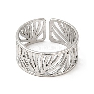 304 Stainless Steel Open Cuff Rings, Hollow Leaf, Thailand Sterling Silver Plated, Inner Diameter: 18mm(RJEW-K245-88P)