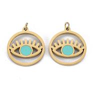 316 Surgical Stainless Steel Enamel Charms, with Jump Rings, Real 14K Gold Plated, Flat Round with Eye, Sky Blue, 12x12.5x1mm, Jump Ring: 2.7x0.4mm, 1.9mm inner diameter(STAS-S116-395B-G)