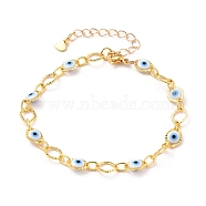 Brass Horse Eye Link Bracelets, with Evil Eye Plastic Beads and 304 Stainless Steel Lobster Claw Clasps, Golden, 7-1/4 inch(18.5cm)(BJEW-JB05628)