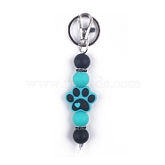 Round & Dog Paw Print Silicone Beaded Keychain, with Iron Findings, for Car Backpack Pendant Accessories, Dark Turquoise, 22cm(PW-WG52716-01)