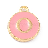 Golden Plated Alloy Enamel Charms, Enamelled Sequins, Flat Round with Alphabet, Letter.O, Pink, 14x12x2mm, Hole: 1.5mm(ENAM-Q437-14O)
