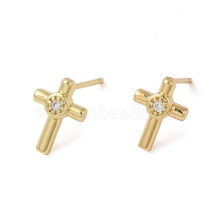 Rack Plating Brass Cross Stud Earrings, with Cubic Zirconia, Lead Free & Cadmium Free, Real 18K Gold Plated, 10x7mm(EJEW-M235-02G)