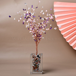 Natural Gemstone Chips Tree of Life Decorations, Mini Resin Cuboid Shape Vase with Copper Wire Feng Shui Energy Stone Gift for Women Men Meditation, 250mm(TREE-PW0002-06E)